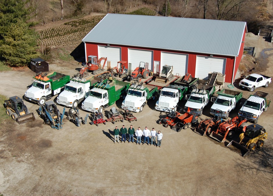 aerial view of the crew and trucks